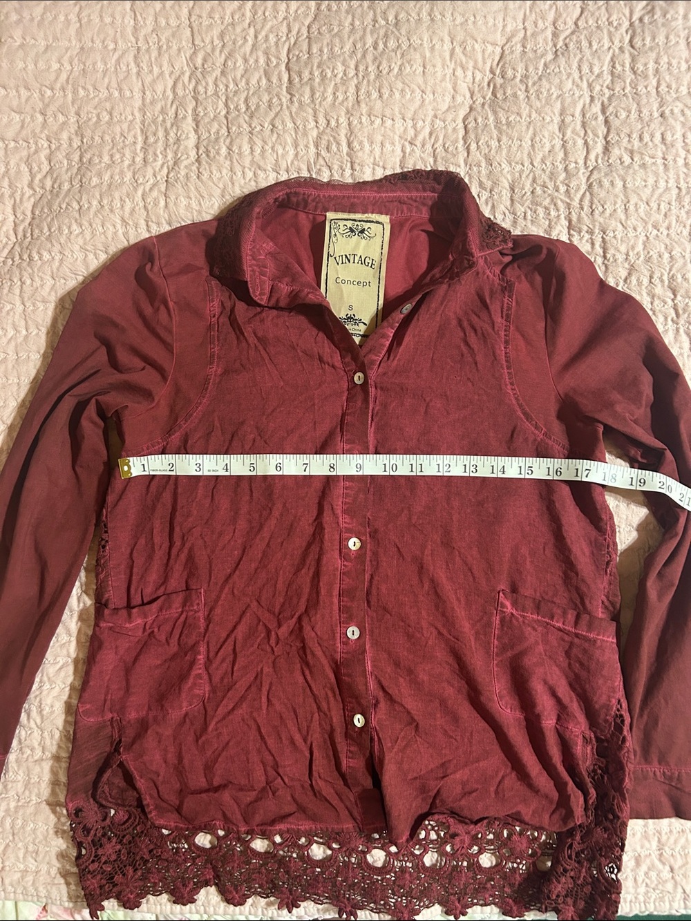 Vintage Men's Deep Red Button-Down Shirt with Lace Hem